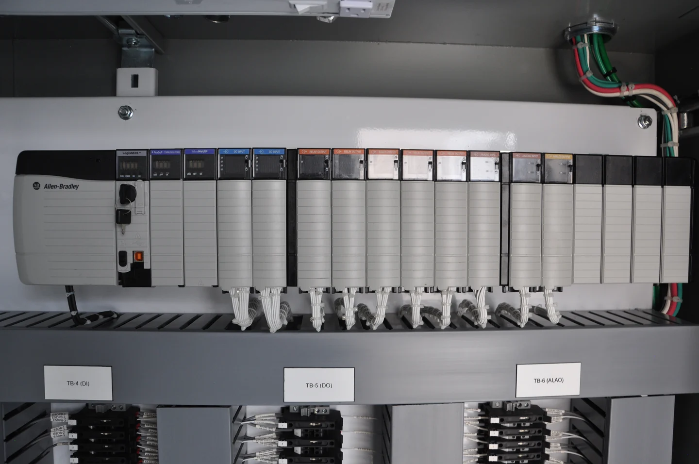 Allen-Bradley PLC rack wired into an ETSCO renewable energy control panel